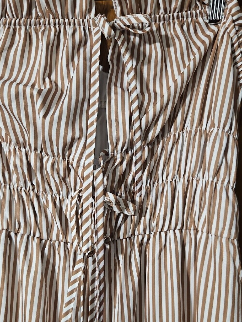 SHEIN Light Tan & White Striped Smocked Wide-Leg Jumpsuit Pants - Picture 4 of 7